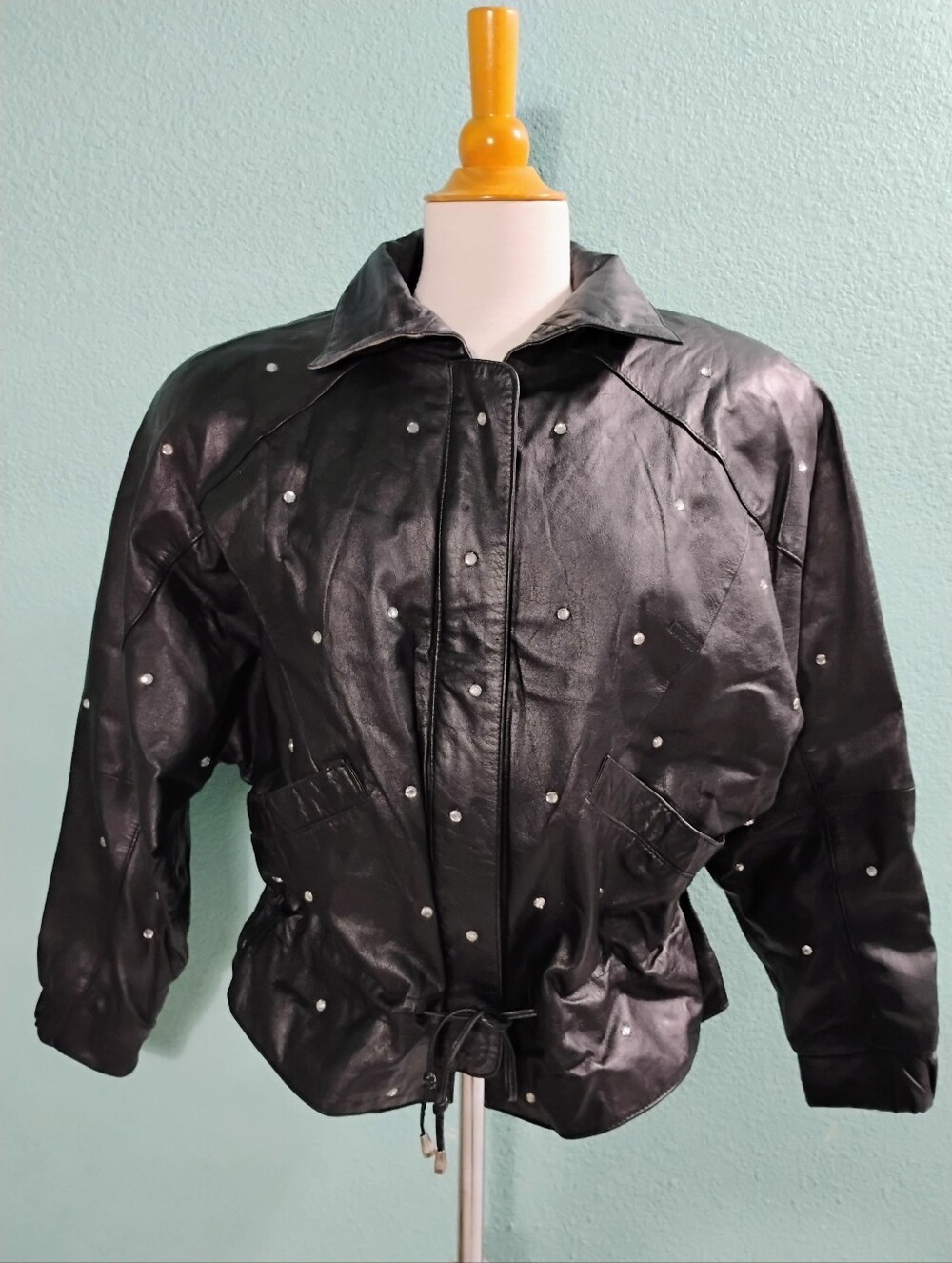 Vintage Copper Key Black Leather Jacket W Rhinestones Women's Sz M "Flaws"